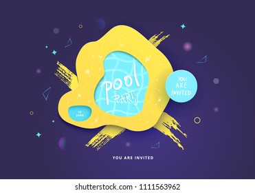 Pool Party banner. Horizontal flyer for holiday design with papercut  elements. Card for social media and web.  Vector illustration.