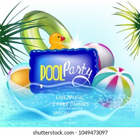 Pool party banner with inflatable toys in a water. Vector illustration