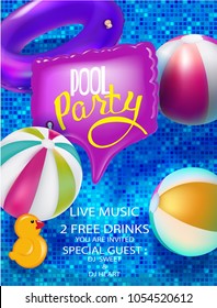 Pool party banner with inflatable toys and inflatable in swimming pool view above. Vector illustration