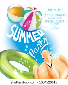 Pool party banner with inflatable toys  and bubbles. Vector illustration