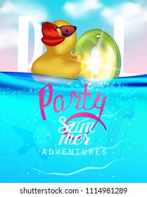 Pool party banner with inflatable toys in a water. Vector illustration

