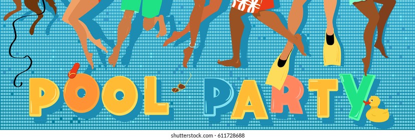 Banner de la fiesta de la piscina con piernas de nadadores bajo el agua, ilustración vectorial EPS 8, sin transparencias 