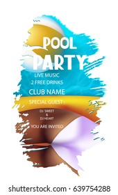 pool party banner with swimming pool water , inflatable ball and girl in swimming suit. Vector illustration