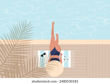 Pool party banner vector flat illustration. Girl in swimming costume lounging by the pool, sunbathing.