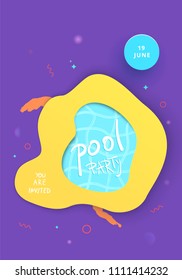 Pool Party banner. Vertical flyer for holiday design with papercut  elements. Card for social media and web.  Vector illustration.