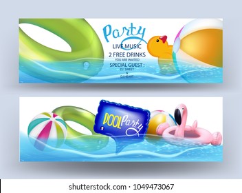 Pool party banners with inflatable toys in a water.  Vector illustration