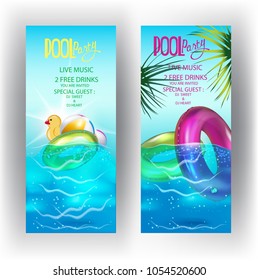 Pool party banners with inflatable toys in swiming pool water.  Vector illustration