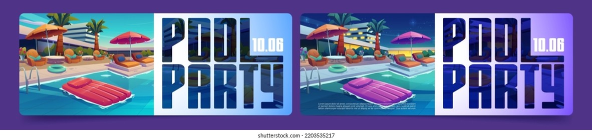 Pool party banners, invitation for resort event, cartoon flyer templates with inflatable mattress floating in water at hotel recreational area. Summer holidays, vacation relax, Vector illustration