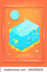 Pool Party bright flyer with piece of swimming-pool decoration. Vertical  template for summer holiday design. Vector illustration.