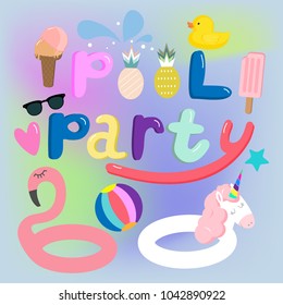 Pool party card. A bright illustration with an inflatable unicorn, flamingo, ball, heart, duck and ice cream.