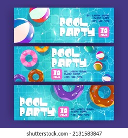 Pool party cartoon banners, summer background with colorful inflatable rings and balls float in swimming pool top view. Invitation flyers for summertime vacation entertainment, Vector illustration