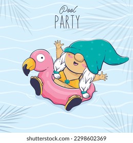 Pool party cartoon cute leprechaun girl swims in an inflatable flamingo circle under the shadows of palm trees. Funny summer banner