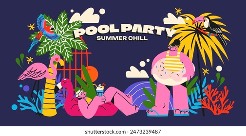 Pool party, cartoon poster of characters, inflatable rings, palm trees, sun loungers. Summer party vector banner in retro doodle 90s style