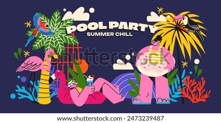 Pool party, cartoon poster of characters, inflatable rings, palm trees, sun loungers. Summer party vector banner in retro doodle 90s style