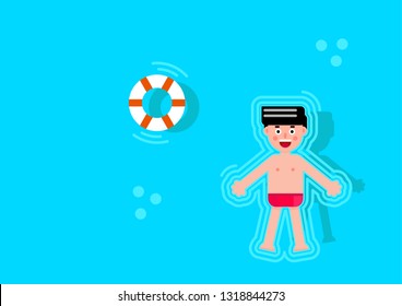 Pool party characters. Boy wearing swimming suits. Top view vector of boy floating in the pool, flat design vector illustration
