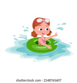 Pool party characters. Cute little kid girl wearing swimming suit and ring have fun in pool on summer holiday