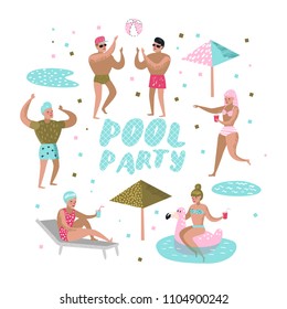 Pool Party. Characters People Swimming, Relaxing, Have Fun in the Pool. Summertime Holidays at Beach Resort. Vector illustration