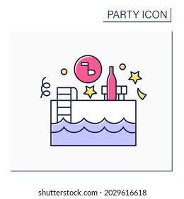 Pool party color icon. Events near and in swimming pool. Outside celebrations with snacks and music. Time with friends and relatives. Celebrating concept. Isolated vector illustration