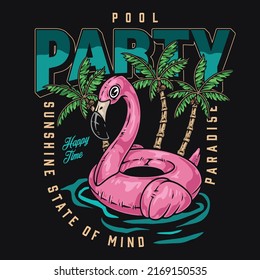 Pool party colorful vintage flyer pink flamingo inflatable ring for summer holidays on sea beach with palm trees vector illustration