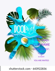 Pool Party Composition In Pool Water And Tropical Leaves. Vector Illustration