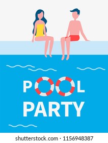 Pool party couple poster, with text. Man and woman sitting by basin wearing swimming suits. People talking on vacation summertime pastime by water vector