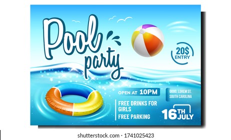 Vector de pancartas de promo creativo de Pool Party. Piscina De Agua Ondulada, Salto Ininflable Y Bola De Juego Para Un Afiche Promocional Del Tiempo De Ocio Gracioso. Ilustración de diseño de concepto colorido