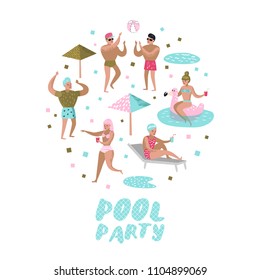 Pool Party Doodle. Characters People Swimming, Relaxing, Have Fun in the Pool. Summertime Holidays at Beach Resort. Vector illustration