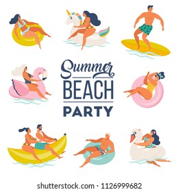 Pool Party doodle set. Happy people. Summer outdoor activities and festive decoration. Vector illustration isolated on white background.