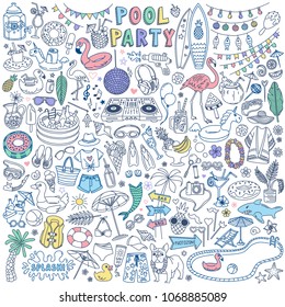 Pool Party doodle set. Summer outdoor activities and festive decoration. Hand drawn vector illustration isolated on white background.