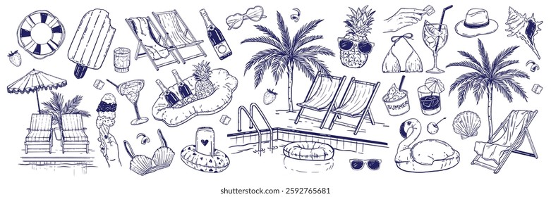 Pool party doodle set, vector hand drawn summer weekend line illustration exotic lounge leisure icon. Holiday paradise beach collection, cocktail glass, palm tree, flamingo rubber ring. Pool party kit