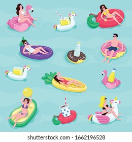 Pool party flat vector seamless pattern. People on air mattresses background. Inflatable water toys texture with cartoon color icons. Luxury sea resort wrapping paper, wallpaper design