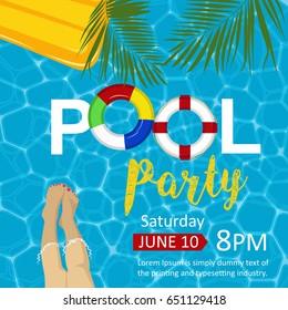Pool party flyer. Female legs, inflatable mattress, rings, palm leaves. Top view.