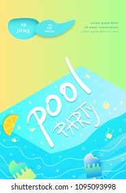 Pool Party flyer.  Paper cut effect. Vertical  template for summer holiday design. Vector illustration.