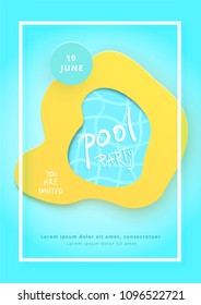 Pool Party flyer. Paper cut effect banner with frame and handwritten text. Vertical  template for summer holiday design. Vector illustration.