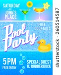 Pool party flyer template featuring cocktails, pool tile, bubbles and a rubber duck. Vector illustrattion.