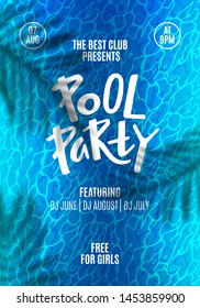 Pool Party Flyer. Template Poster Design with Water Ripple Texture, Tropical Leaves Shadow and Hand Writing Headline Text. Modern Summer Background