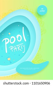 Pool party flyer. Vertical celebration  banner with paper cut shapes and decoration. Template for event design. Vector illustration. 