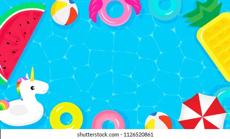 Pool Party frame background vector illustration. Top view of swimming pool with cute pool floats.