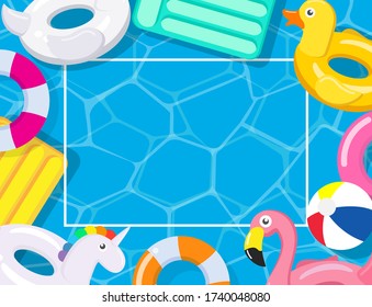Pool party frame with pool floats on swimming pool background - Vector illustration 