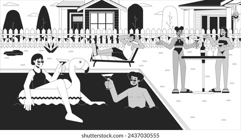 Pool party with friends black and white line illustration. Diverse people group chilling at poolside 2D characters monochrome background. Summer amusement event outline scene vector image