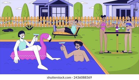 Pool party with friends cartoon flat illustration. Diverse people group chilling at poolside 2D line characters colorful background. Summer amusement event scene vector storytelling image