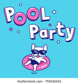 Pool Party With Funny Cartoon Dog In Sunglasses On Pool Float. Summer Party Invitation Or Poster Vector Illustration.