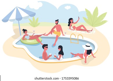 Pool party group of people dressed in swimwear swimming in pool or lying down on sunloungers and sunbathing Men and women performing summer outdoor water activities colorful vector illustration