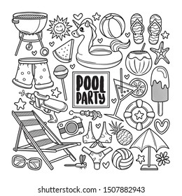 Pool Party Hand Drawn Doodle Coloring Vector