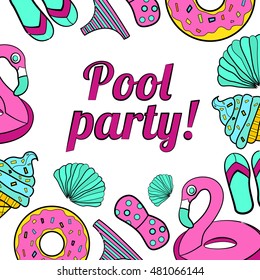 Pool party. Hand drawn summer time theme doodle template pattern invitation. Beach theme background with summer elements. Vector illustration.