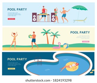 Banners horizontales o folletos de partidos de grupo, ilustración vectorial plana. Los folletos se combinan con caricaturas de gente haciendo fiestas en la piscina de baile y actividades nocturnas de verano.