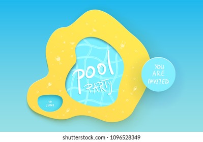 Pool Party horizontal flyer. Paper cut effect banner.  Template for summer holiday design. Vector illustration.