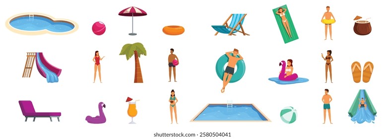  Pool party icons set. Tourists enjoying summer vacations, swimming, sunbathing, playing and drinking cocktails by the pool or at the beach