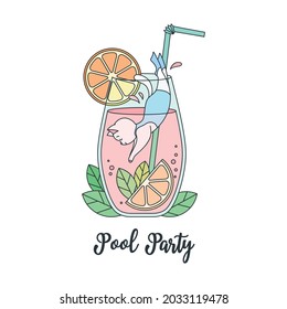 Pool party. Illustration of happy white cat jumping in a glass with orange cocktail decorated with mint leaves and cocktail tube. Can be used as banner, flyer or menu cover.