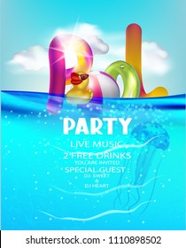 Pool party with inflatable toys in a water. Vector illustration